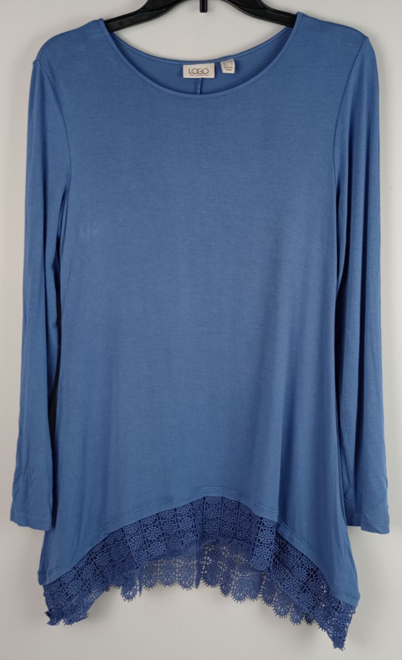 Logo Lori Goldstein Womens XS Periwinkle Blue Lace Crochet Hem Long Sleeve Shirt